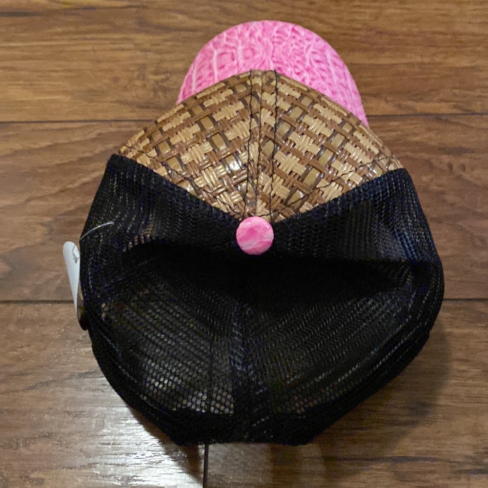 Trucker style ball cap. Rattan and pink animal print. Mesh back. - Picture 2 of 8